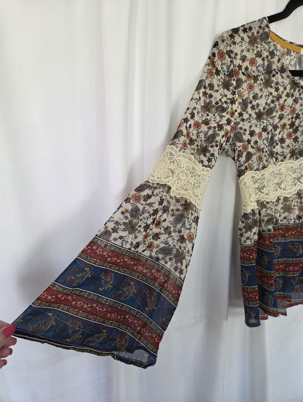 Hint Of Mint Lace-Trim Boho Peasant Blouse - Blue/Cream Sheer Top Size M - Picture 4 of 8